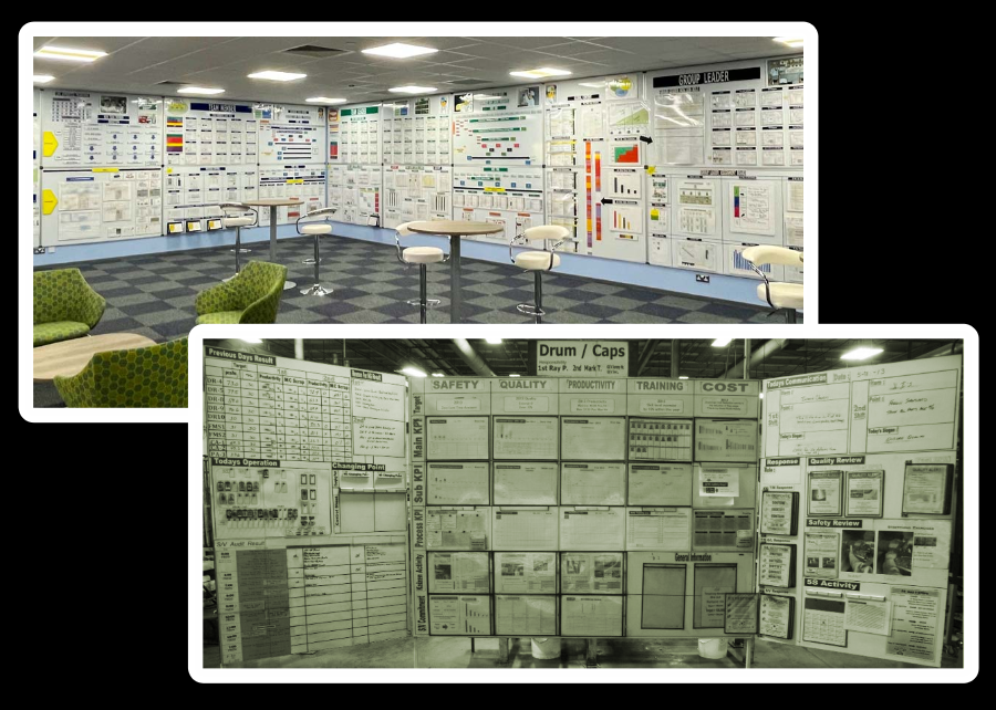 Two real-world FMDS installations: a dedicated management room with floor-to-ceiling boards organized into SQDCP columns with traffic-light status cards and stand-up meeting furniture, and a product-line FMDS board at a trade show showing Safety, Quality, Productivity, and Cost columns with paper T-cards and trend charts in each cell