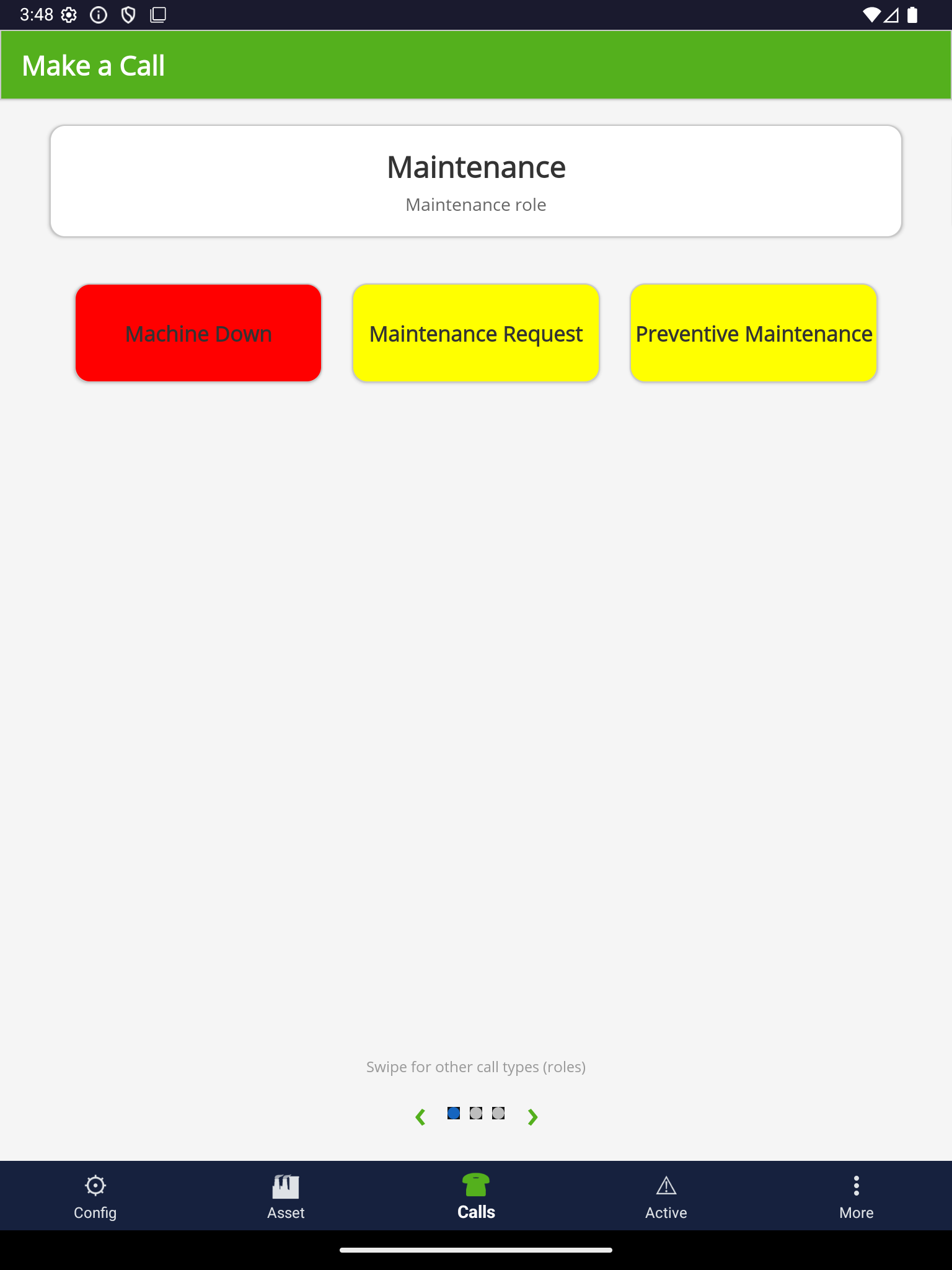 ProAlert operator call board on a work center tablet in English, showing the Maintenance role with a red Machine Down button and yellow Maintenance Request and Preventive Maintenance buttons