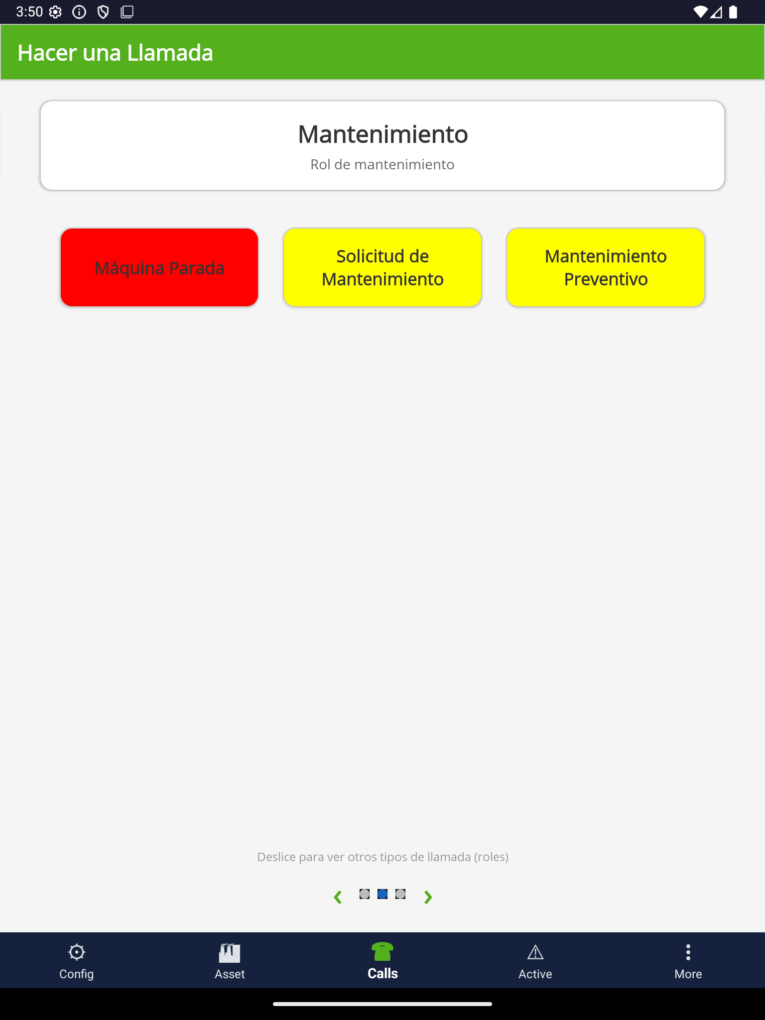The same ProAlert operator call board in Spanish, titled Hacer una Llamada, showing the Mantenimiento role with a red Maquina Parada button and yellow Solicitud de Mantenimiento and Mantenimiento Preventivo buttons