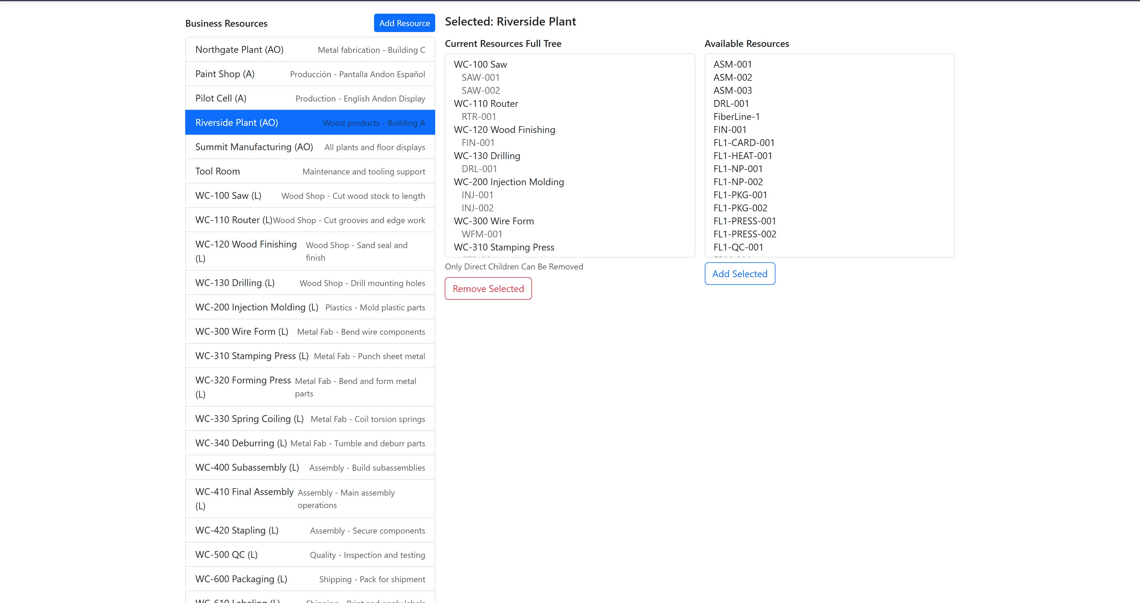 ProAlert business resource configuration screen with a plant list including Northgate Plant and Riverside Plant, and the selected plant's full resource tree showing work centers for sawing, routing, finishing, drilling, molding, wire forming and stamping with their machines beneath them