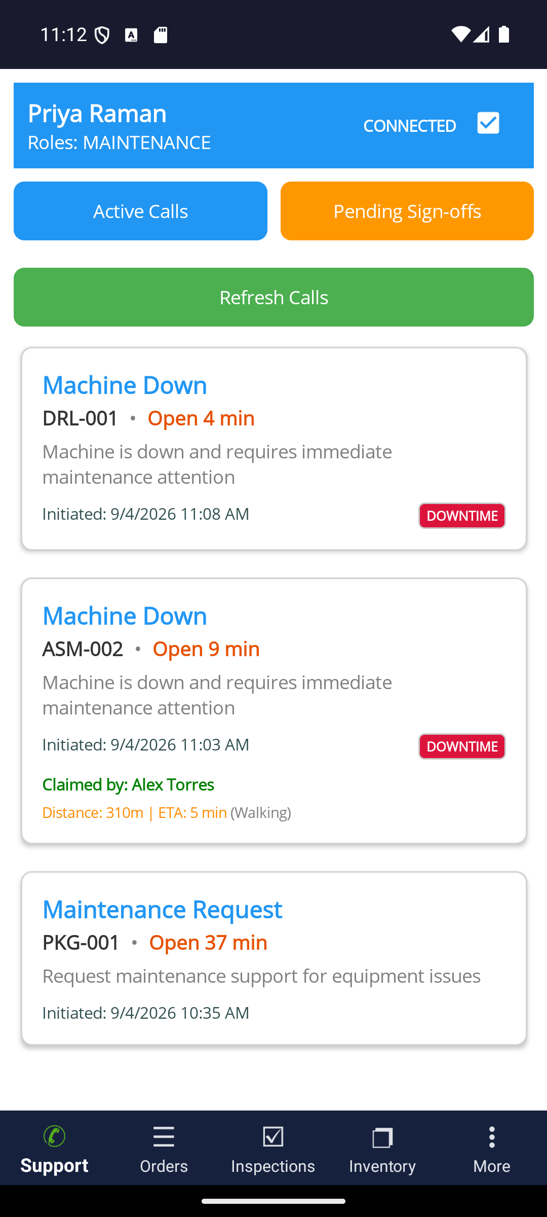 ProAlert mobile call queue for a maintenance technician, showing three open calls on three different machines: a machine down call on DRL-001 open four minutes, a machine down call on ASM-002 open nine minutes and already claimed by another technician 310 metres away with a five minute ETA, and a maintenance request on PKG-001 open thirty-seven minutes