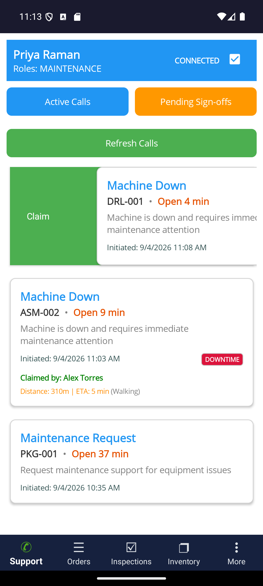The same ProAlert mobile call queue with the top card swiped open to reveal a green Claim action, the call details for the machine down on DRL-001 still readable beside it along with the four minutes it has been open