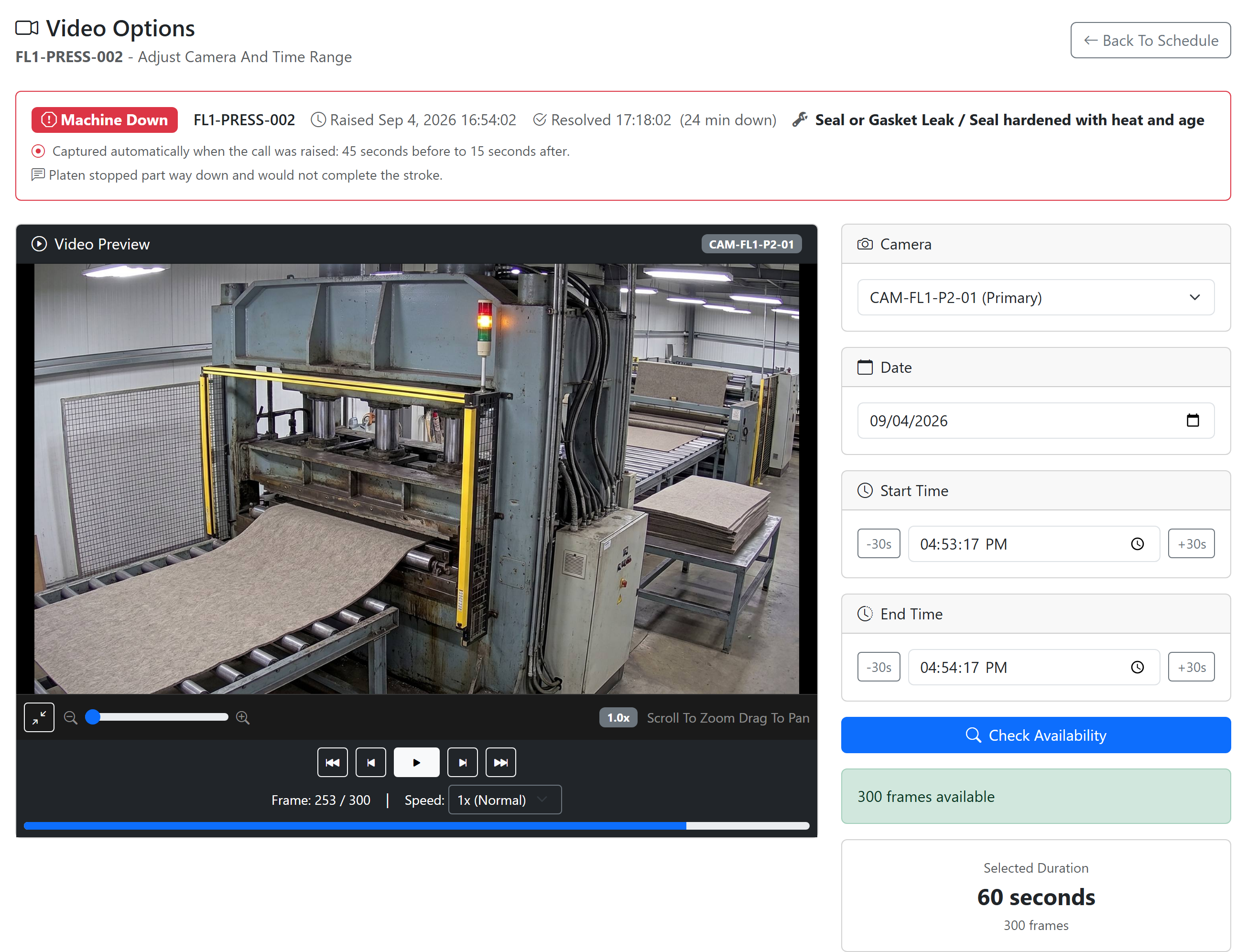 ProAlert video player showing footage of a hydraulic die press captured automatically for a Machine Down call, with the event details across the top, the press stopped part way through its stroke, and a frame counter reading 253 of 300