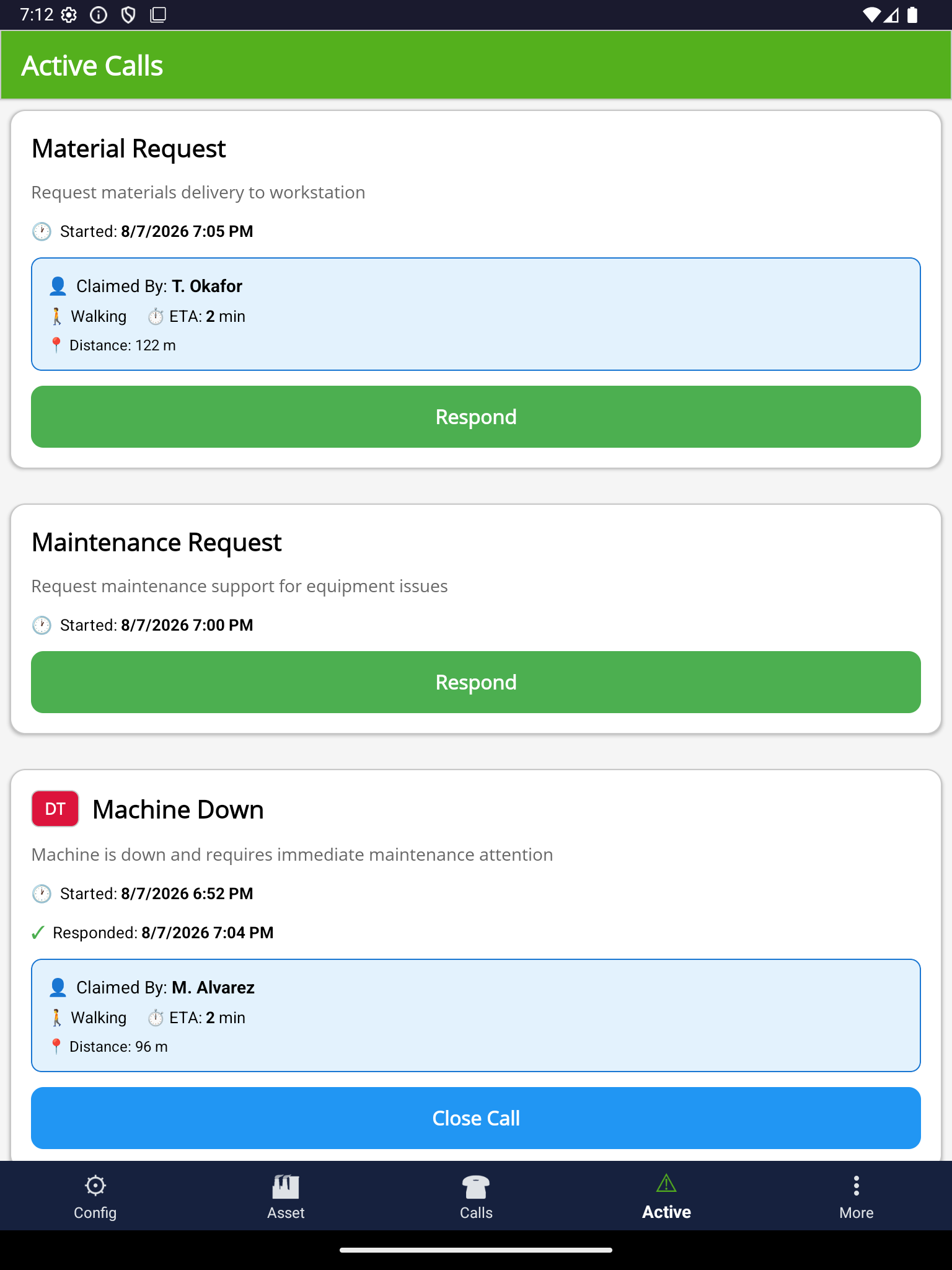The Active Calls tab on the same operator tablet, listing three open calls: a material request claimed by a responder 122 metres away with a 2 minute walking estimate, a maintenance request still awaiting a responder, and a downtime-flagged machine down call that a responder has already answered