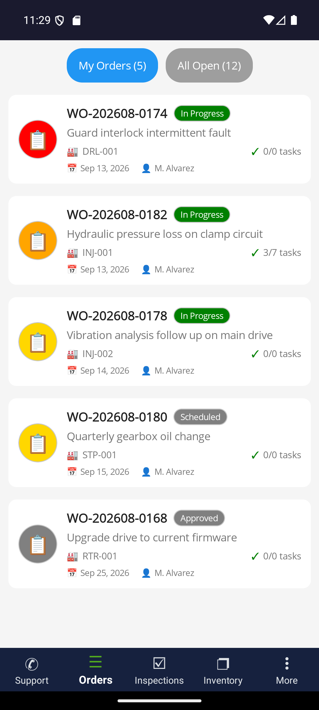 ProAlert mobile app work order list for a maintenance technician, showing five assigned orders across in progress, scheduled and approved states, each with its work order number, asset, due date and task completion count