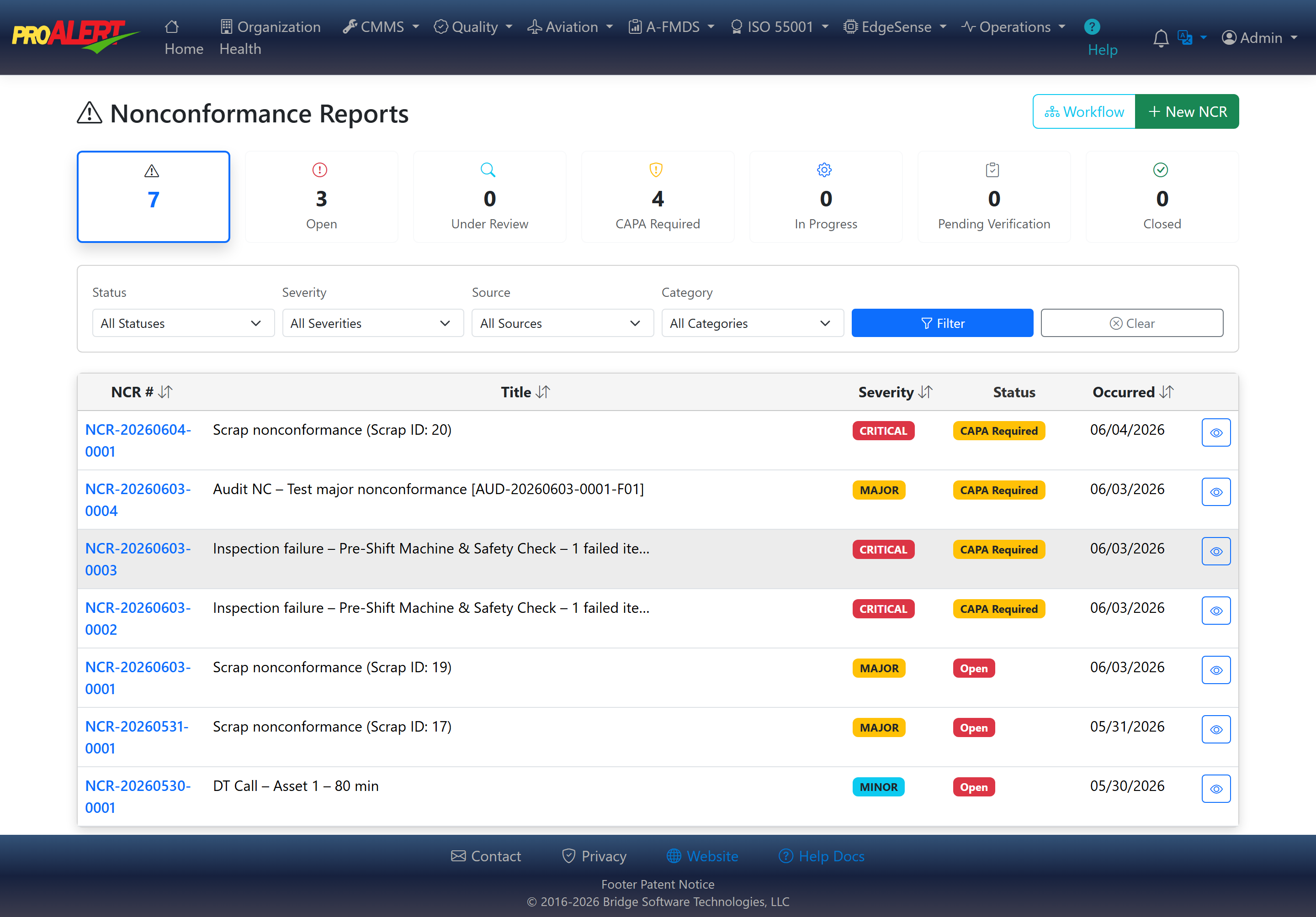 ProAlert nonconformance report register listing seven NCRs with three open and four requiring corrective action, each row carrying its severity, its CAPA state and the inspection, audit or scrap record it came from
