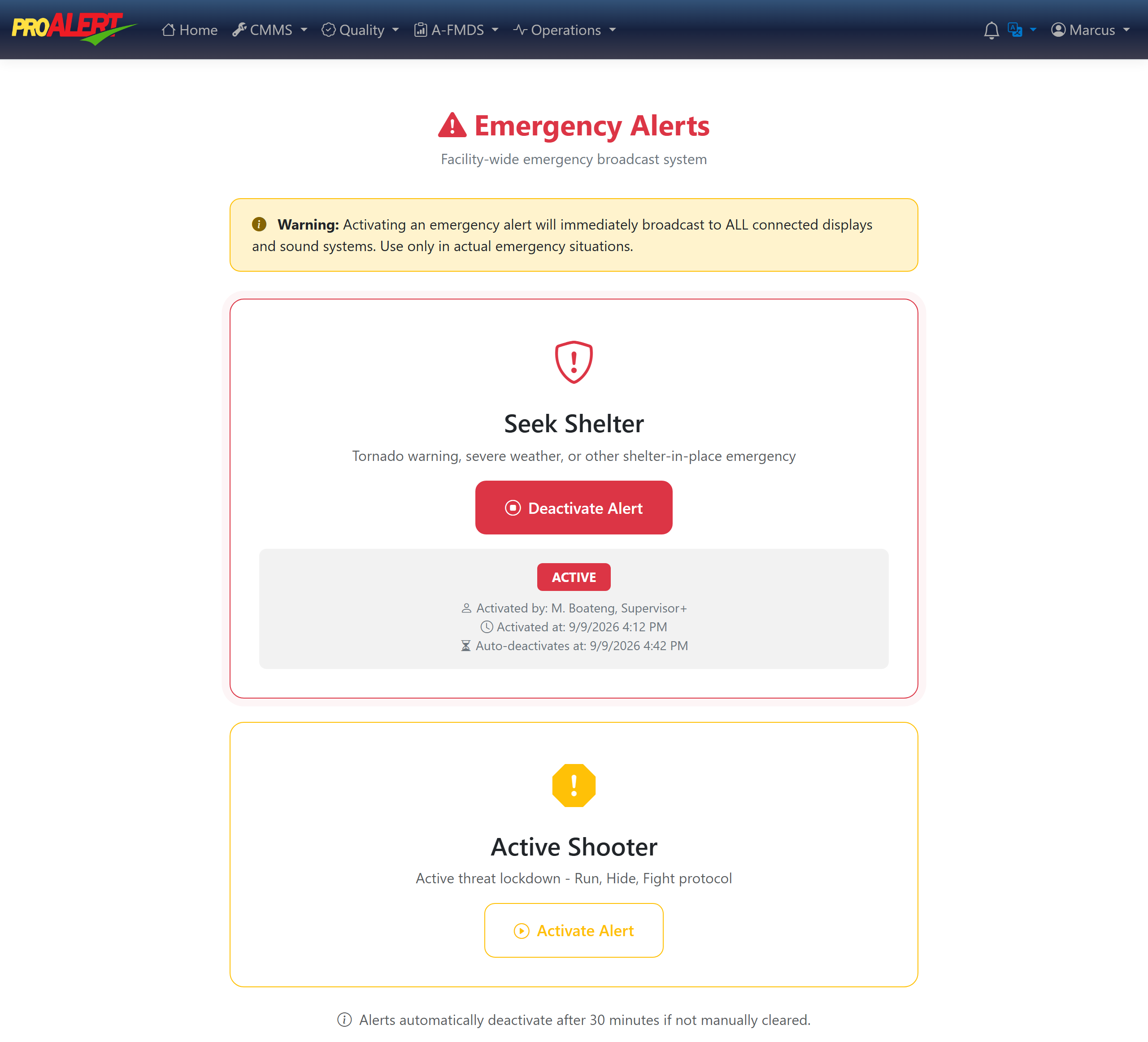 The ProAlert emergency alerts console with two alert types, Seek Shelter and Active Shooter. Seek Shelter is active: the card is outlined in red, carries a red ACTIVE badge and a Deactivate Alert button, and records that it was activated by M. Boateng, Supervisor, at 4:13 PM, with automatic deactivation set for 4:43 PM. Active Shooter is not active and offers an Activate Alert button. A warning above both cards states that activating an alert immediately broadcasts to all connected displays and sound systems.